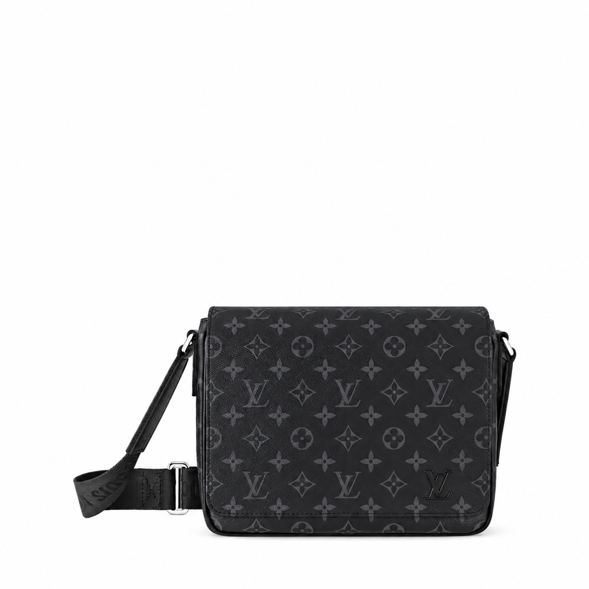 Monogram Flap Messenger Bag in Black / Gray, official front, background edited, product reference photograph