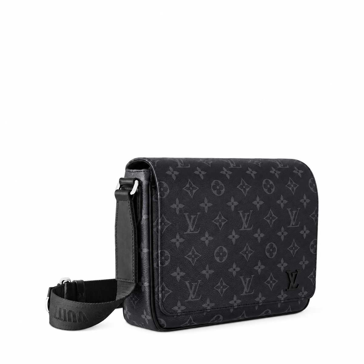 Monogram Flap Messenger Bag in Black / Gray, official three-quarter side, background edited, product reference photograph