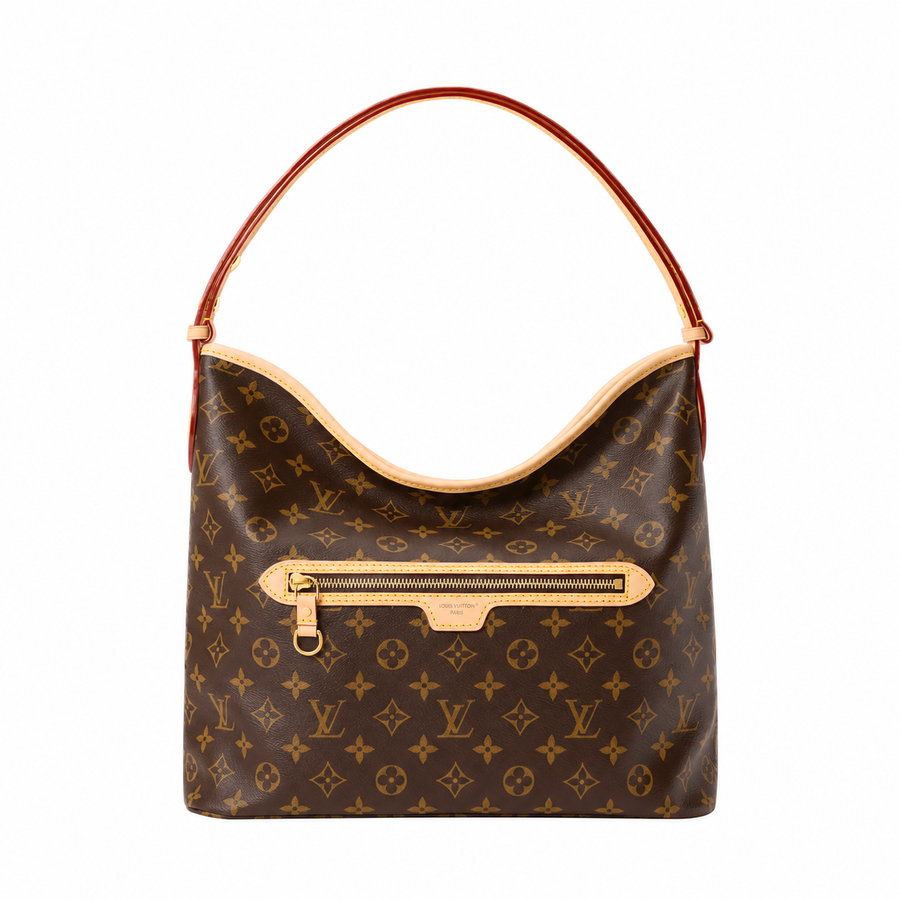Monogram Hobo Shoulder Bag in Brown / Tan Trim, official front, background edited, product reference photograph