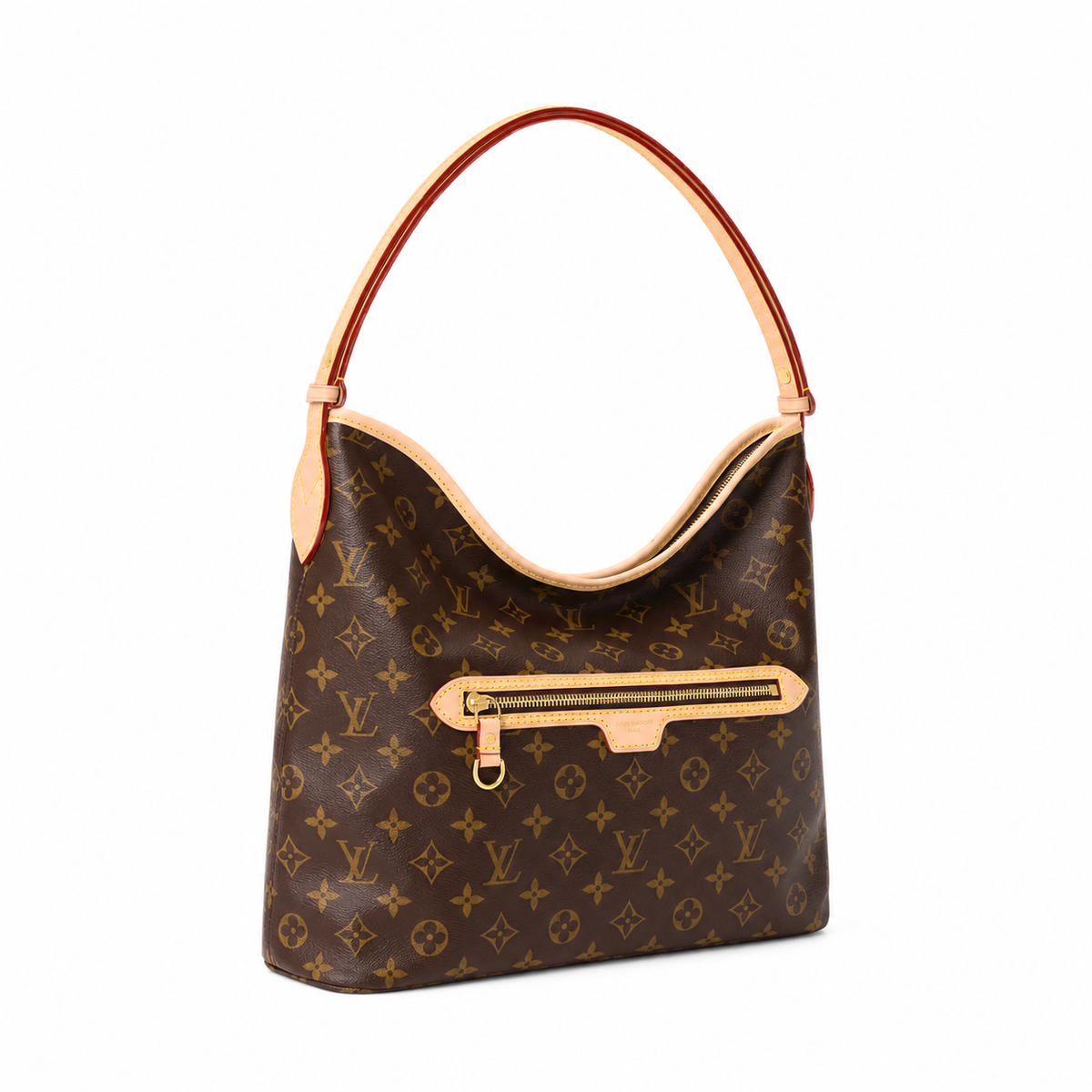 Monogram Hobo Shoulder Bag in Brown / Tan Trim, official three-quarter side, background edited, product reference photograph