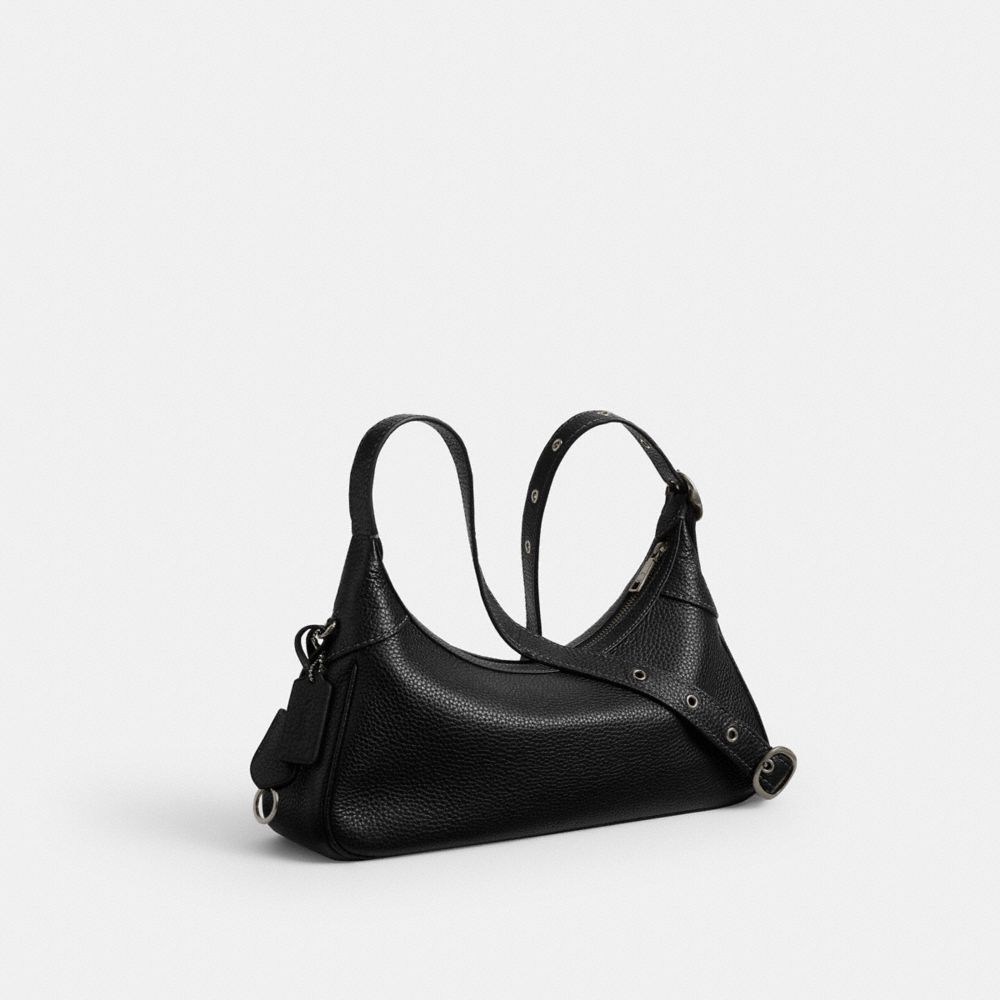 Ella Small Shoulder Bag in Black, rear three-quarter with extended strap, full product reference view