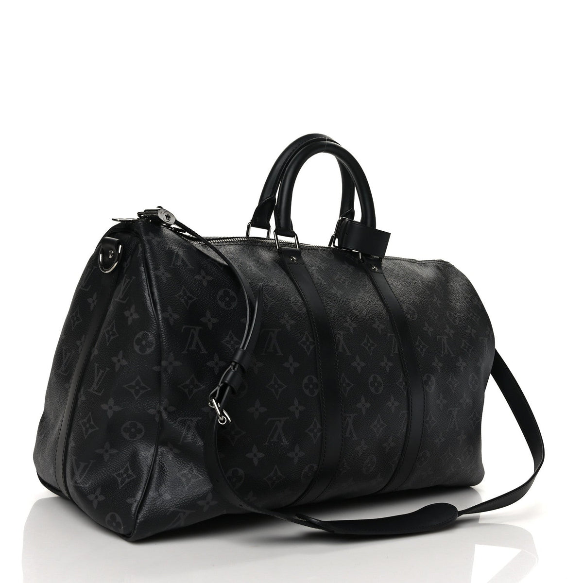 Keepall Bandoulière 45 in Monogram Eclipse, rear three-quarter with strap, full product reference view