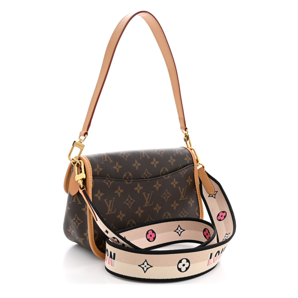 Diane in Monogram/Black Strap, rear three-quarter with jacquard reverse, full product reference view