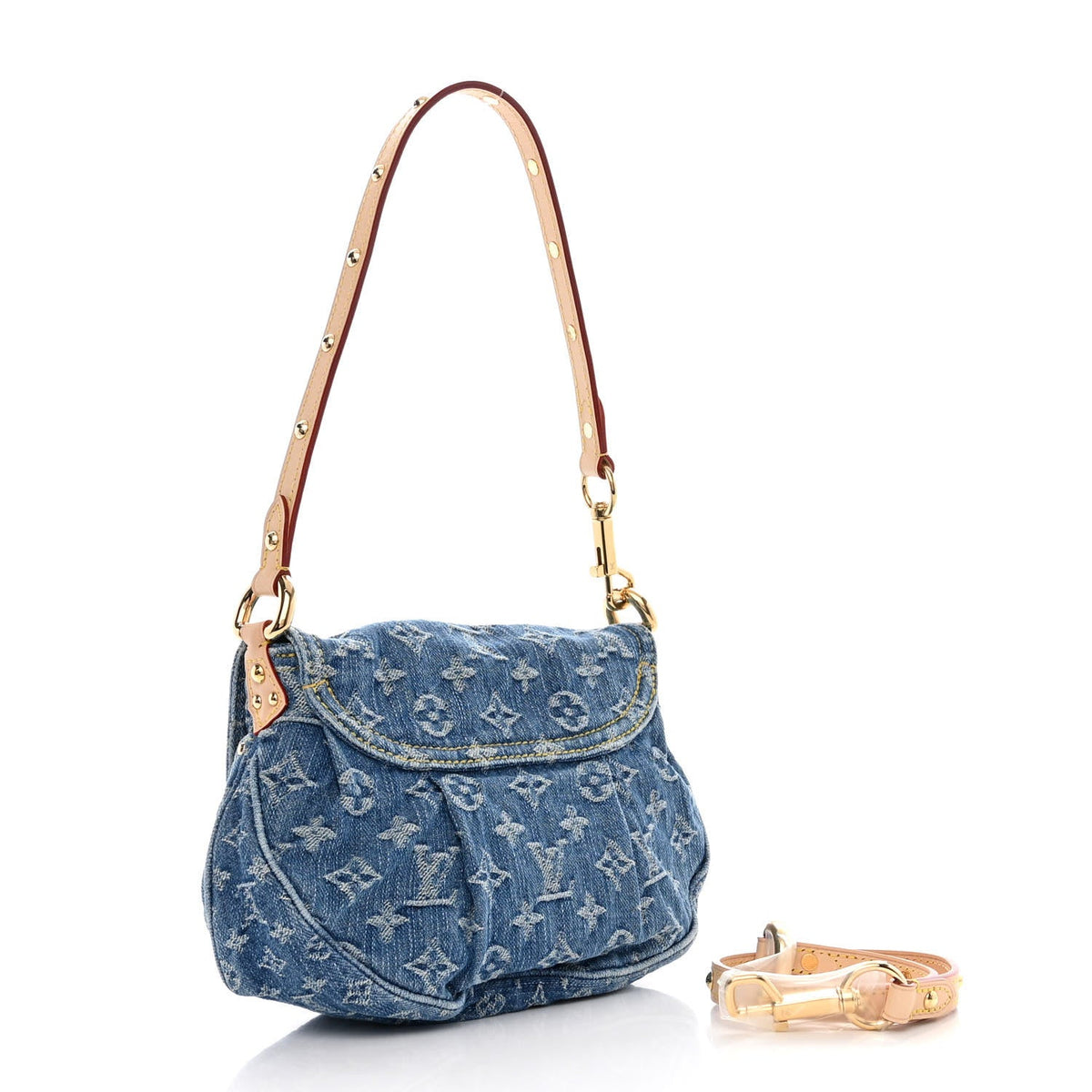 Sunset in Blue Monogram Denim, rear three-quarter with studded strap, full product reference view