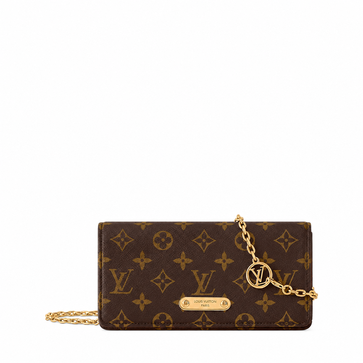 Monogram Flap Chain Bag in Brown, official front, background edited, product reference photograph
