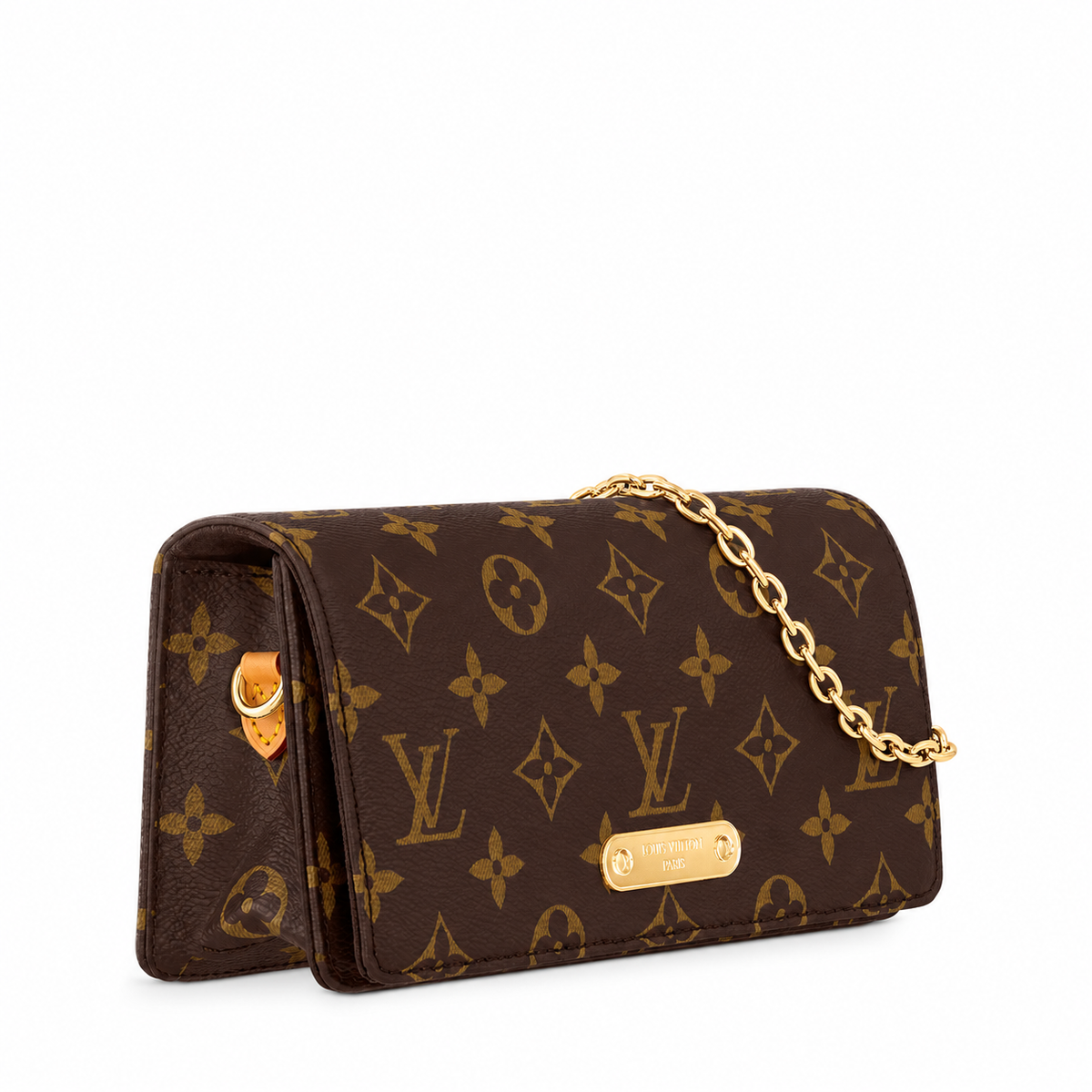 Monogram Flap Chain Bag in Brown, official three-quarter side, background edited, product reference photograph