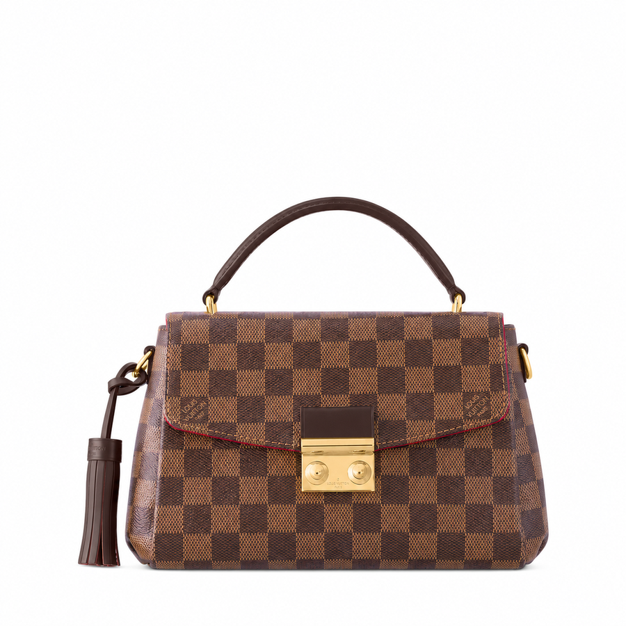 Damier Top Handle Flap Bag in Brown / dark brown trim, official front, background edited, product reference photograph