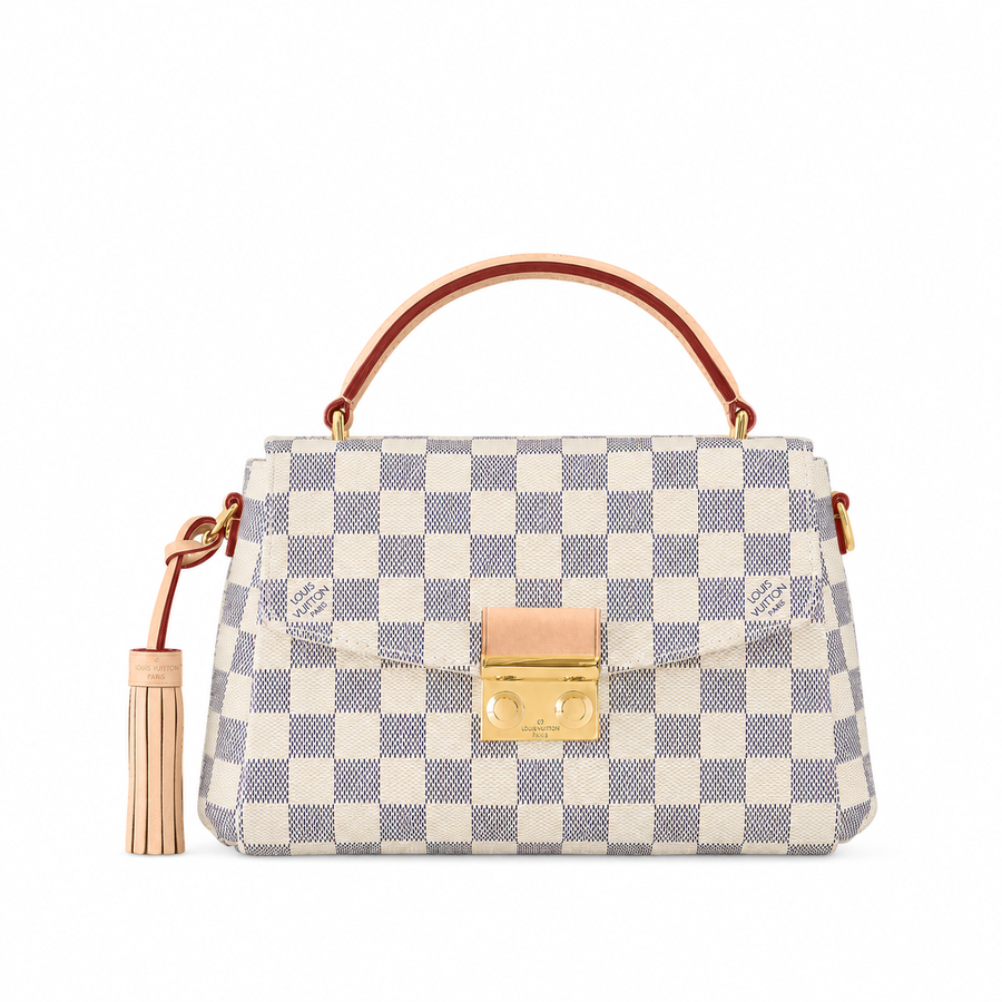 Damier Top Handle Flap Bag in White and light gray / tan trim, official front, background edited, product reference photograph