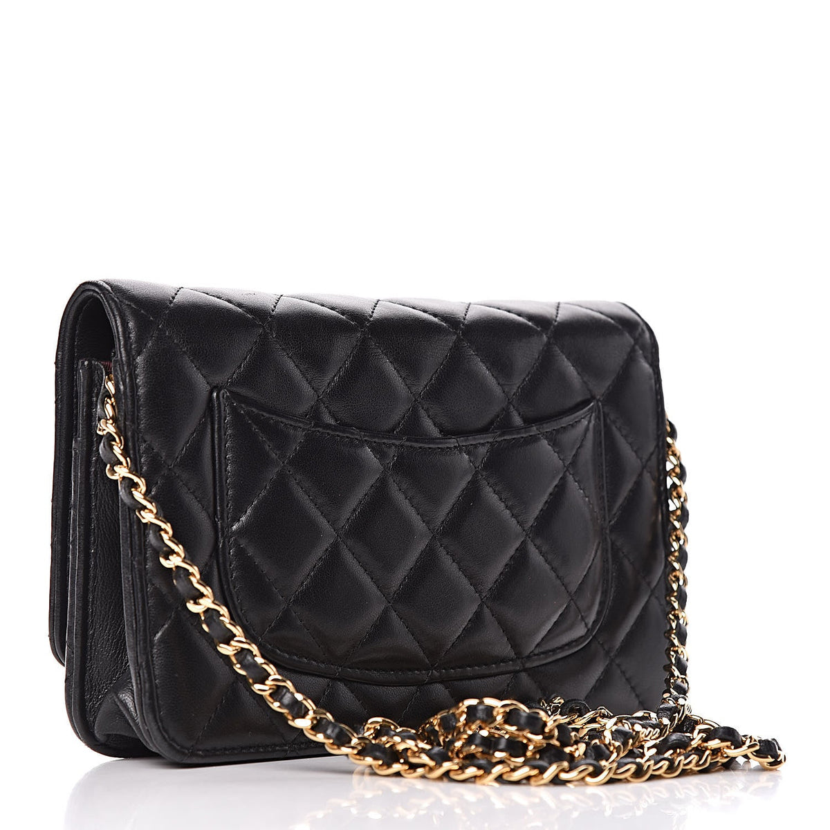 Quilted Wallet on Chain in Black, three_quarter_back_full_product, full product reference view
