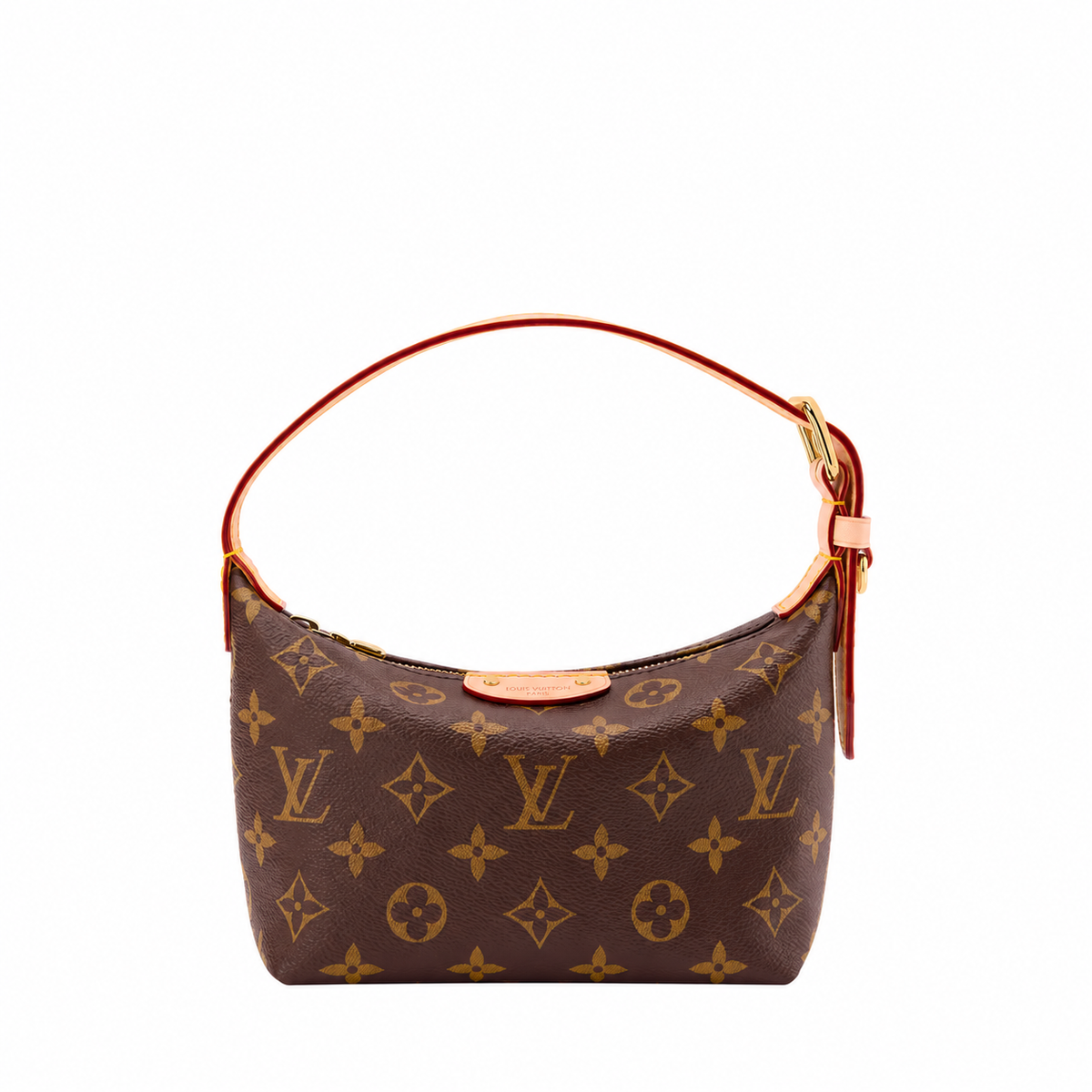 Monogram Mini Shoulder Bag in Brown / tan strap, official front, background edited, product reference photograph