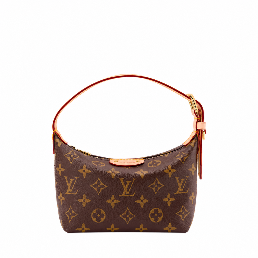 Monogram Mini Shoulder Bag in Brown / tan strap, official front, background edited, product reference photograph