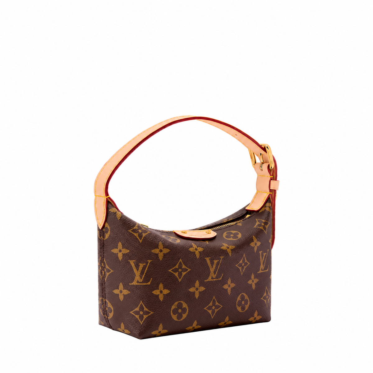 Monogram Mini Shoulder Bag in Brown / tan strap, official three-quarter side, background edited, product reference photograph