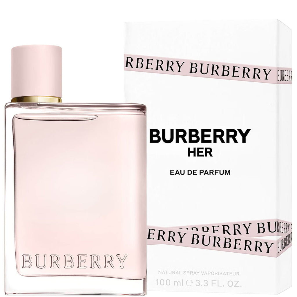 Burberry Her Eau de Parfum 100ml bottle and retail packaging on white