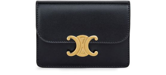 Celine Card holder with flap Triomphe in shiny calfskin in Black — view 1
