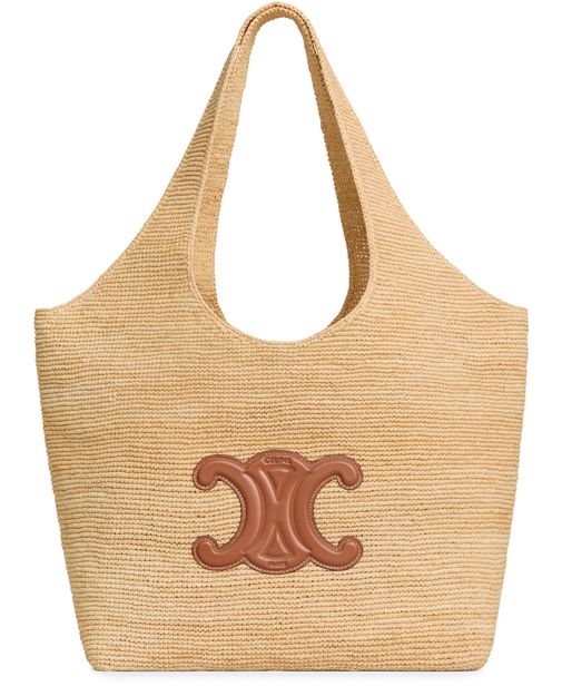 Celine classic panier shopper cabas in raffia and calfskin in Natural/Tan — view 1