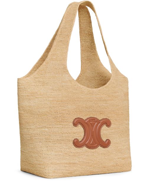 Celine classic panier shopper cabas in raffia and calfskin in Natural/Tan — view 2