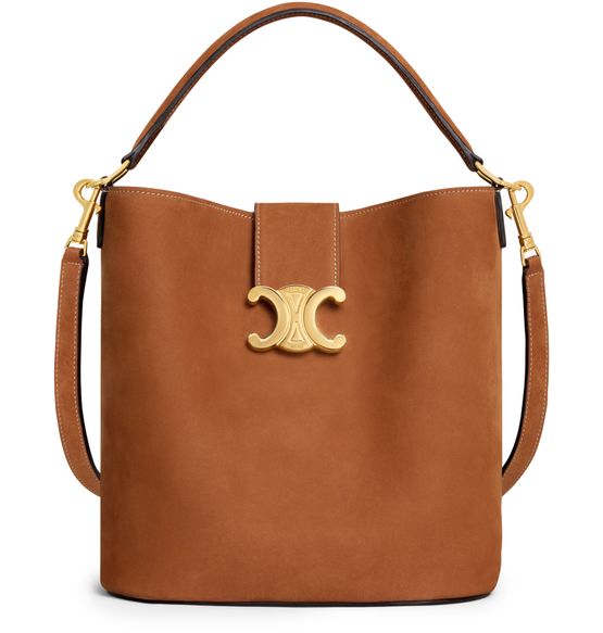 Celine Medium bucket Louise in nubuck calfskin in camel — view 1