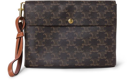 Celine Medium flap pouch in shiny triomphe canvas and lambskin in Tan — view 1