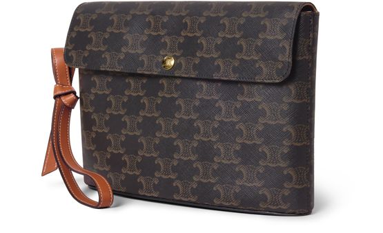 Celine Medium flap pouch in shiny triomphe canvas and lambskin in Tan — view 2