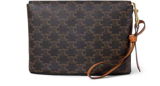 Celine Medium flap pouch in shiny triomphe canvas and lambskin in Tan — view 3