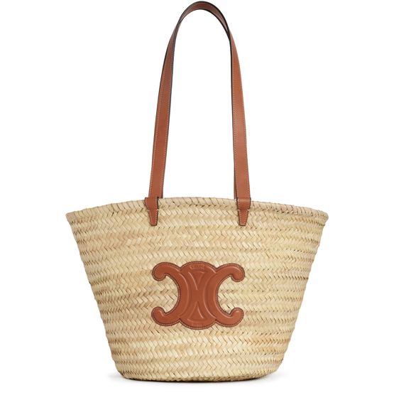 Celine Medium Triomphe Celine classic panier in palm leaves and calfskin in Tan — view 1