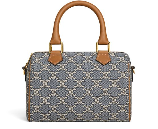 Celine Small boston in Triomphe jacquard and calfskin in Navy/Ecru — view 1