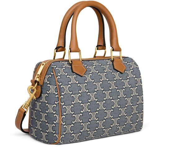 Celine Small boston in Triomphe jacquard and calfskin in Navy/Ecru — view 2