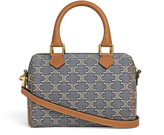 Celine Small boston in Triomphe jacquard and calfskin in Navy/Ecru — view 3