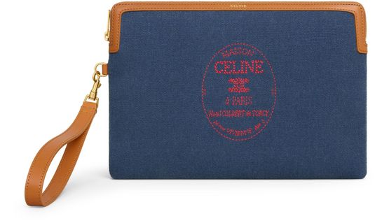 Celine Small pouch with strap cuir Triomphe in textile with embroidery in Dark Navy / Ultra Red — view 1