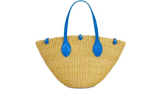 Celine Small Triomphe beads basket in sisal and calfskin in Natural / Ultra Blue — view 1