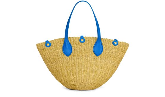 Celine Small Triomphe beads basket in sisal and calfskin in Natural / Ultra Blue — view 3