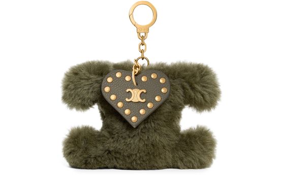 Celine Triomphe pom-pom charm in shearling and calfskin in Golden Khaki — view 1