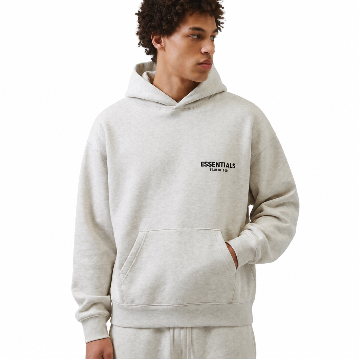 Fear of God Essentials Light Oatmeal Hoodie - model front