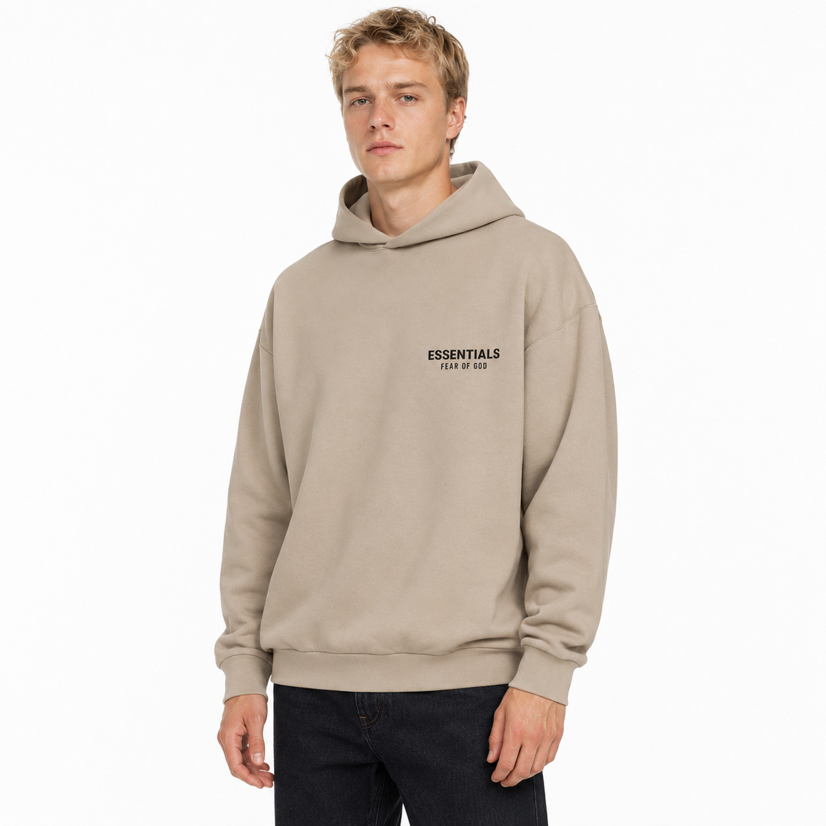 Fear of God Essentials Desert Sand hoodie - model front