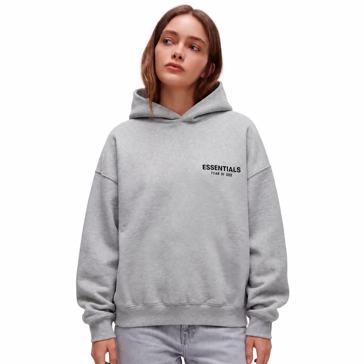 Fear of God Essentials Light Heather Gray Fleece Hoodie - model front