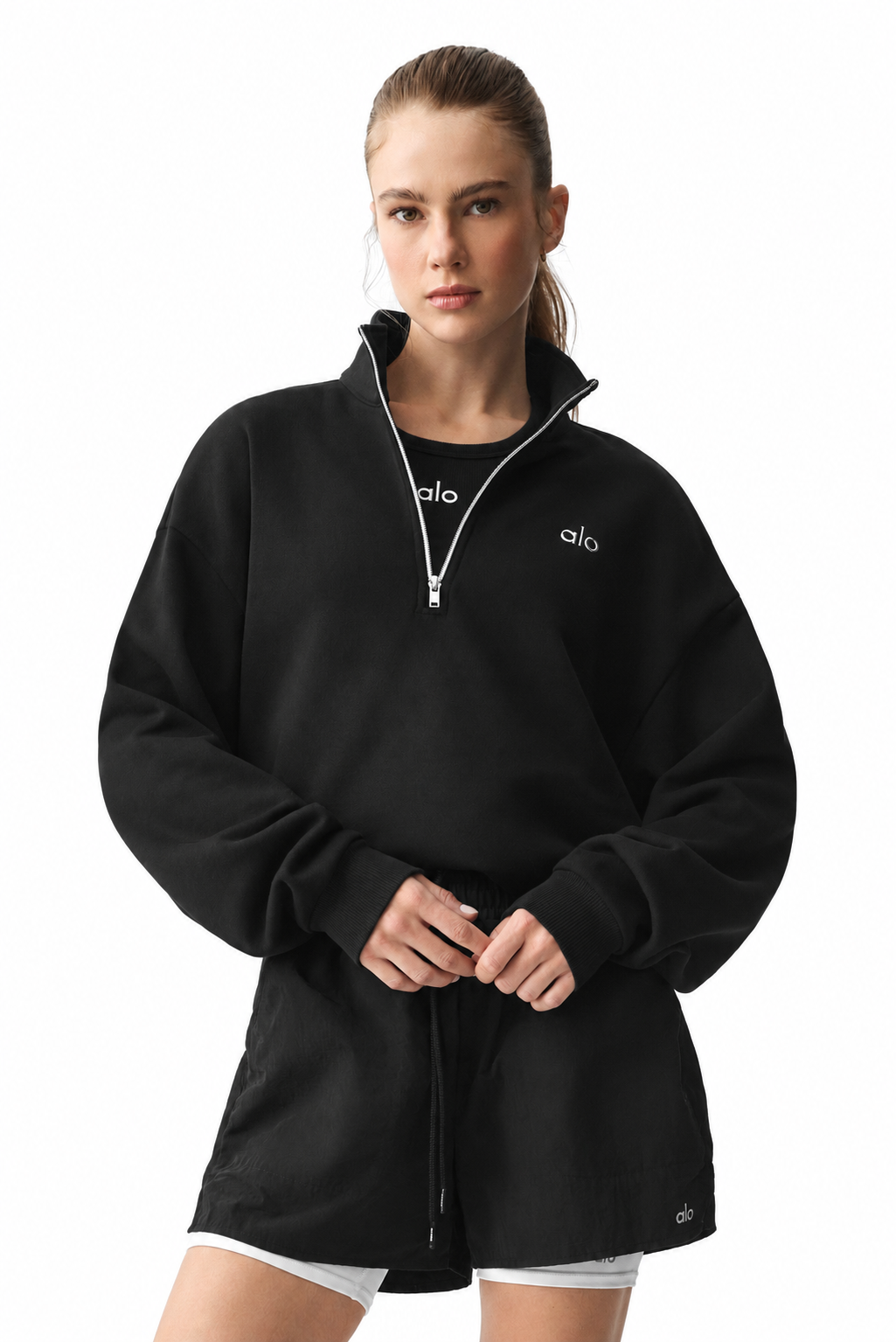 Alo Yoga Black Accolade 1/4 Zip Pullover - model front
