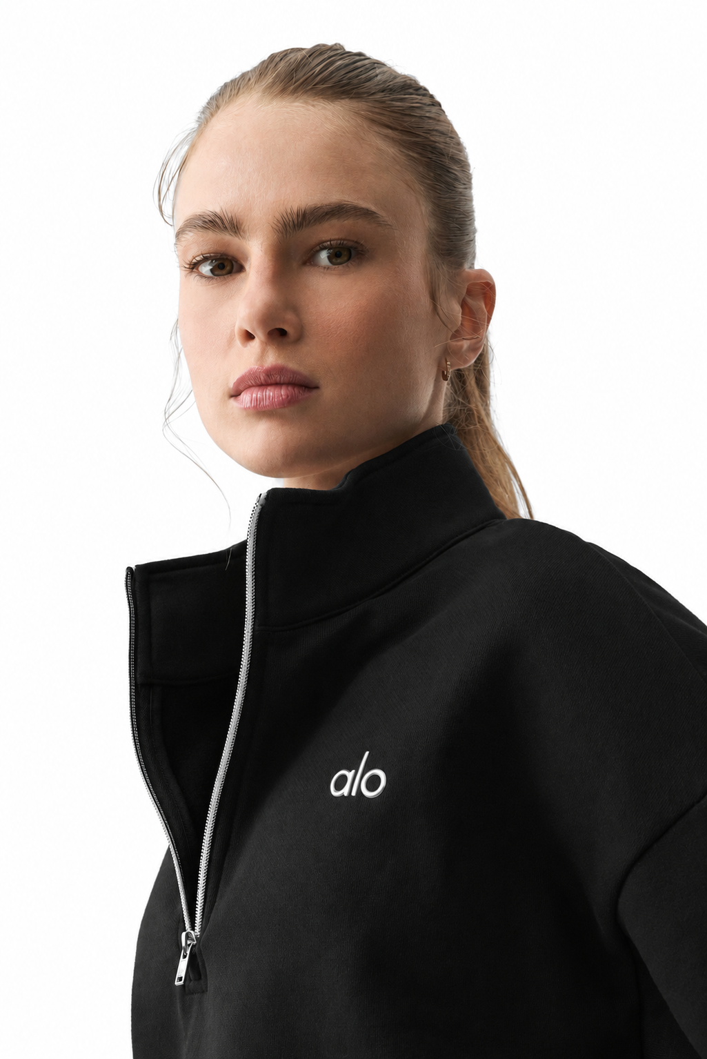 Alo Yoga Black Accolade 1/4 Zip Pullover - zipper and chest detail