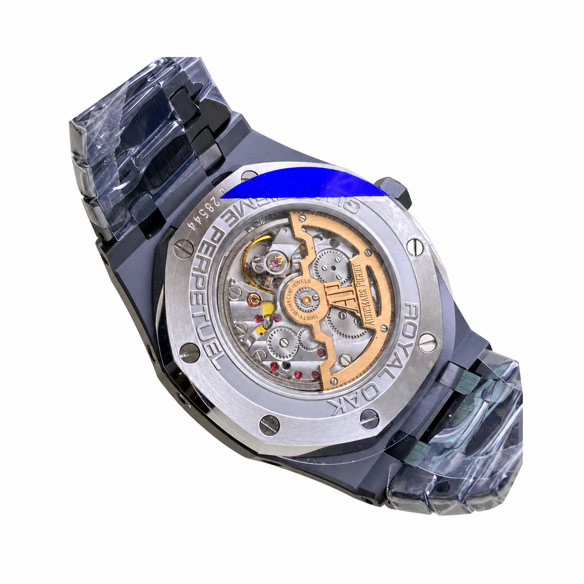 Replica watch draft, Audemars Piguet 26579 design reference, case-back angle, white background