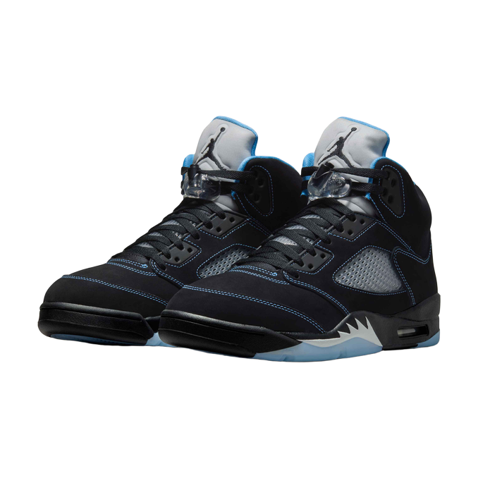 Air Jordan 5 Retro — Black / White / University Blue — front three quarter pair