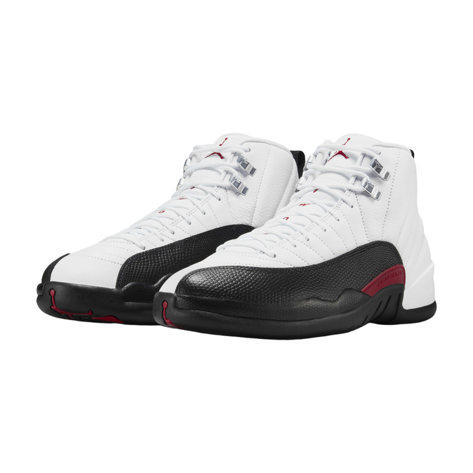 Air Jordan 12 Retro — White / Black / Gym Red — front three quarter pair