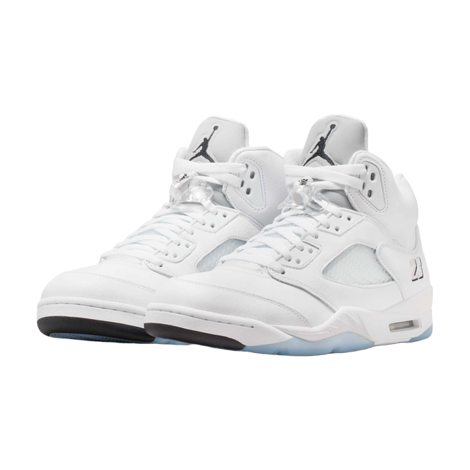 Air Jordan 5 Retro OG — White and Metallic Silver — front three quarter pair