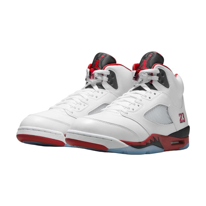 Air Jordan 5 Retro OG — White / Black / Fire Red — front three quarter pair