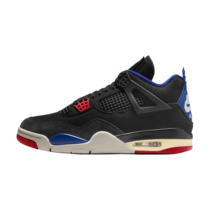Air Jordan 4 Retro — Black / Deep Royal Blue / Fire Red — lateral side