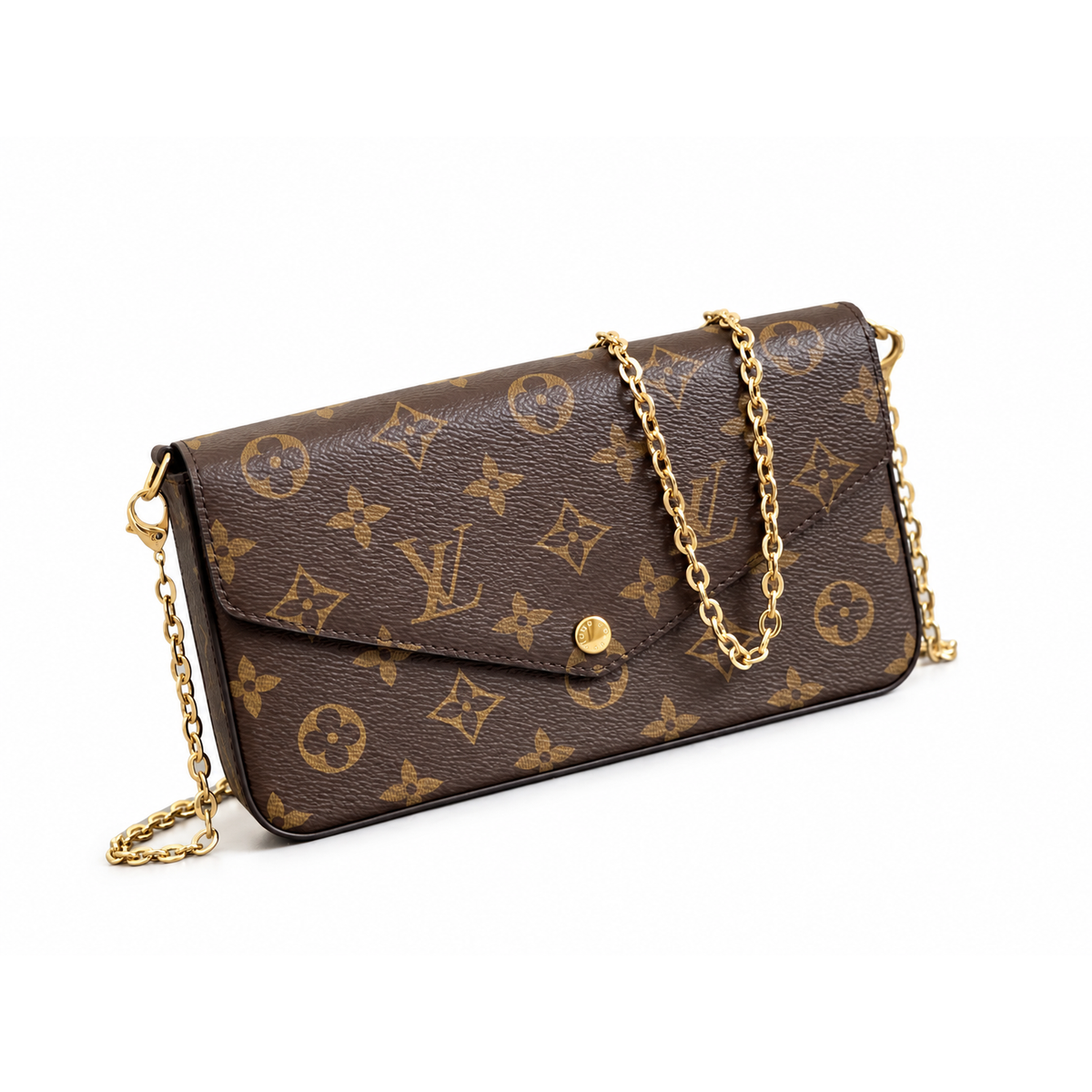 Monogram chain pouch — front three-quarter view, background-edited draft reference