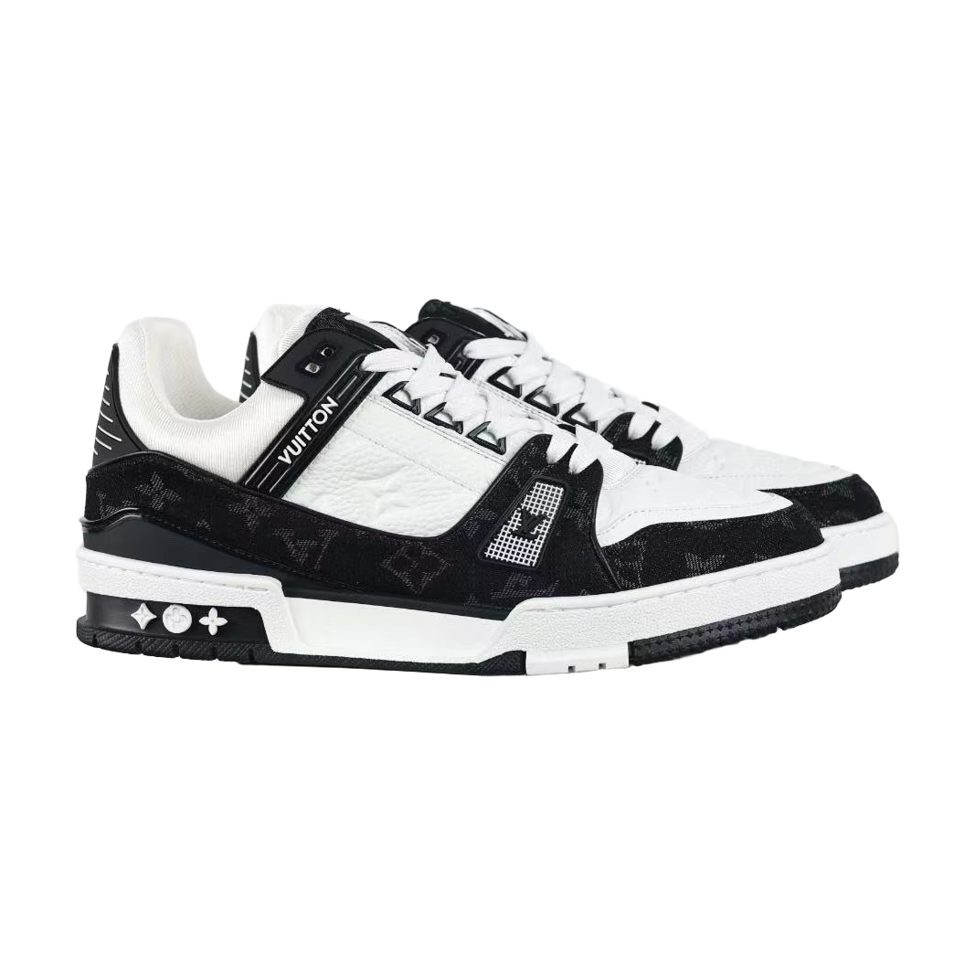 Louis Vuitton LV Trainer — Black / White — front three quarter pair