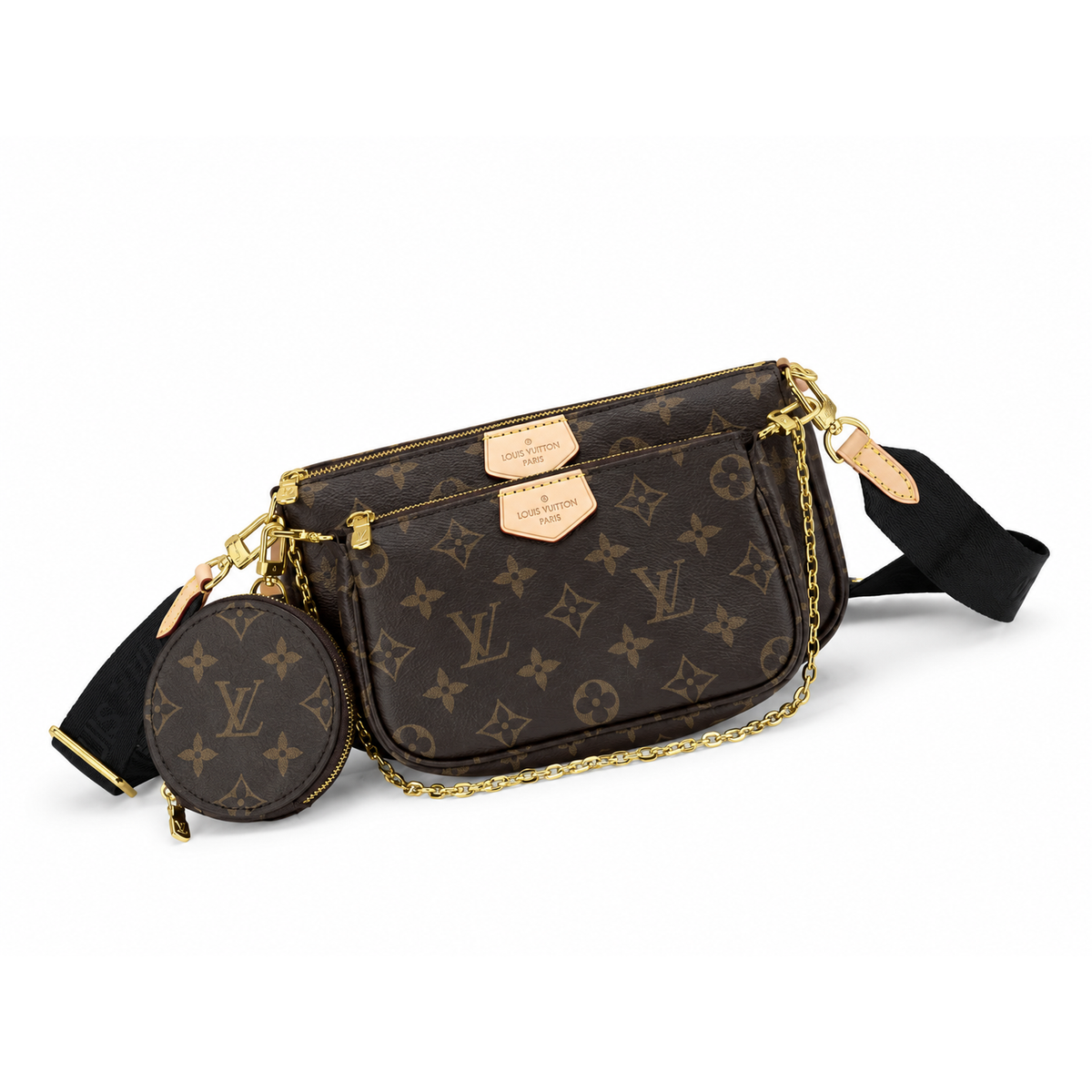 Multi Pochette Accessoires in Monogram/Black Strap, front three-quarter, full product reference view