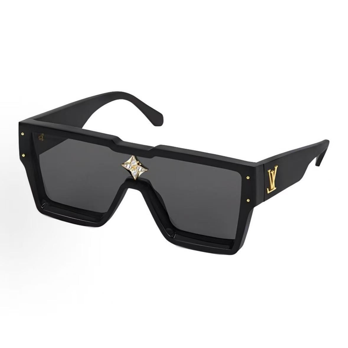 Louis Vuitton Rectangular Sunglasses — Black / Grey Lenses / Gold Details — source catalog front three quarter