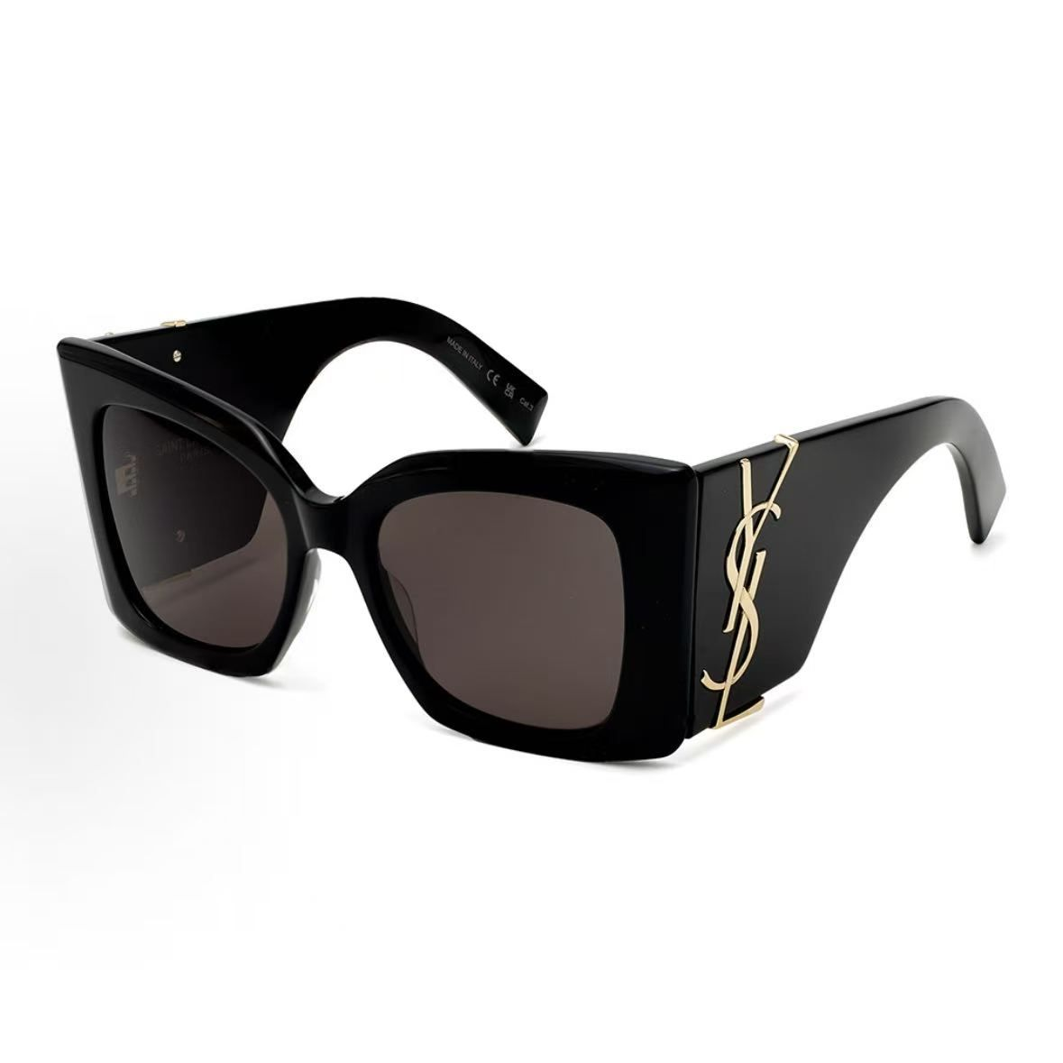 Saint Laurent Square Sunglasses — Black / Dark Lenses — source catalog front three quarter