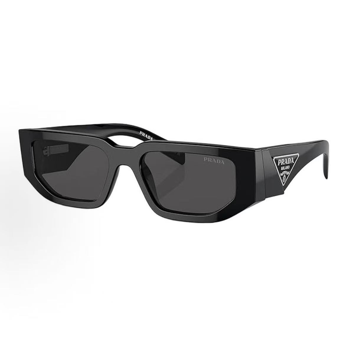 Prada Rectangular Sunglasses — Black / Grey Lenses — source catalog front three quarter