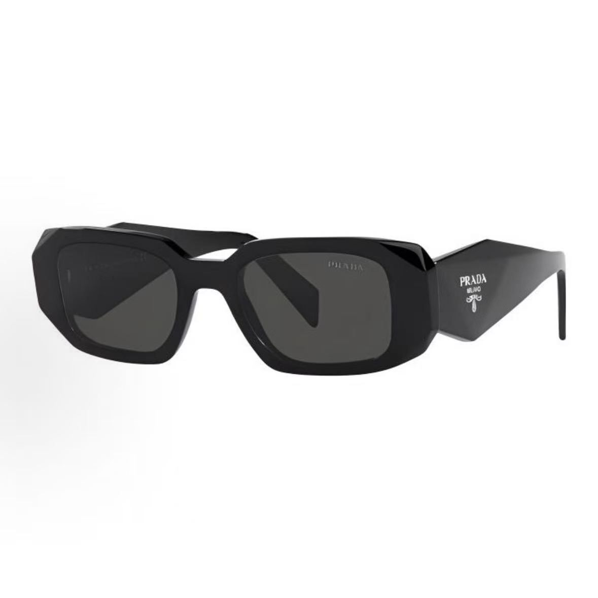 Prada Rectangular Sunglasses — Black / Grey Lenses — source catalog front three quarter
